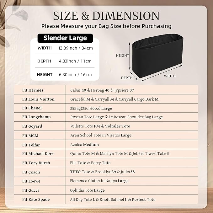 Purse Organizer Insert, Satin Tote Bag Organizer with 8 Sizes, Handbag Dividers for Inside Purse, Compatible with Longchamp, Neverful, 25C Hobo and More Bags(Slender Large,Black)