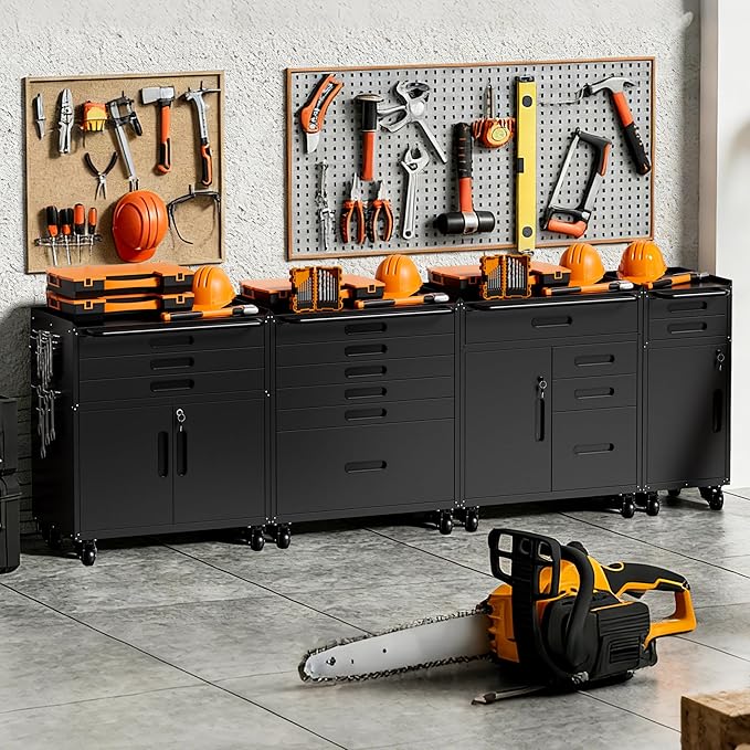 Metal Garage Storage Cabinet with Wheels, Rolling Tool Cabinet with 4 Drawers and 1 Door, Heavy Duty Tool Cabinet with Workbench, Assembly Required, Black