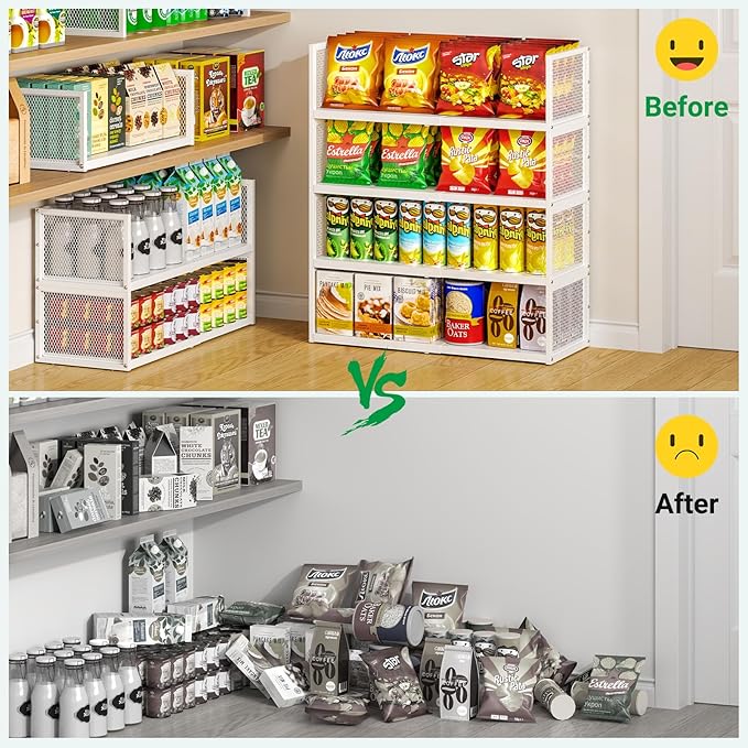 2 Pack Expandable Storage Cabinet, Stackable Pantry and Kitchen Organizers Shelf, Countertop Cabinet Storage Shelves Organizers, Spice Rack, Metal Storage Bins for Spice Can Plate Mug Cups, White