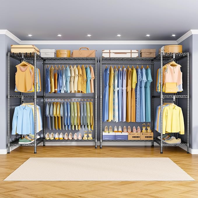 E15 Pro Garment Rack L Shaped Clothes Rack for Corner,Freestanding Clothing Racks for Hanging Clothes,Heavy Duty Closet System with 4 Hanging Rods & 8 S Hooks,48.8"W x 15.8"D x 78.4"H,Grey