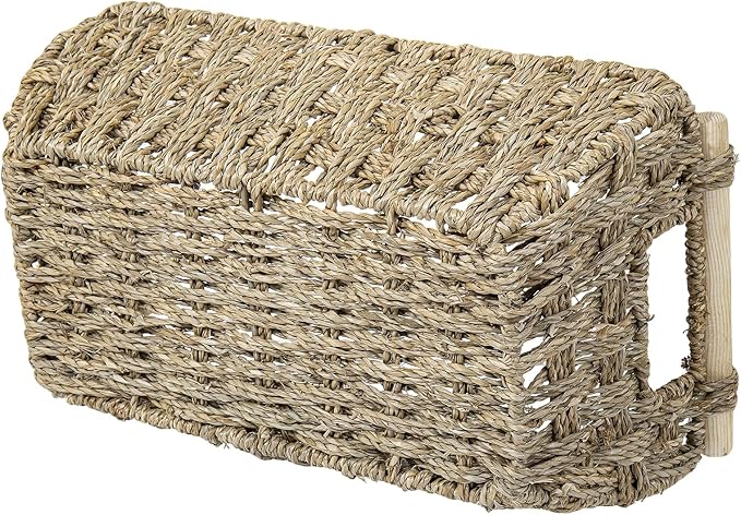 MyGift Hand-Woven Seagrass Bathroom Hand Towel Holder Basket with Wooden Handle, Rustic Countertop Storage Organizer for Towels & Toiletries