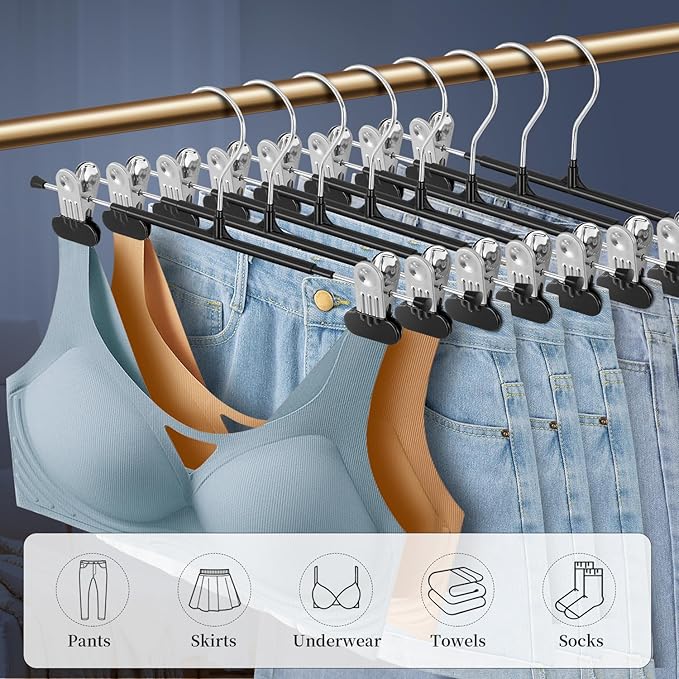 14Inch Clothes Pants Hangers with Wide Clips 50 Pack,Non-Slip Adjustable Skirt Hanger for Women,Space-Saving Heavy Duty Men Hangers for Pants,Trousers,Jeans,Shorts,Black