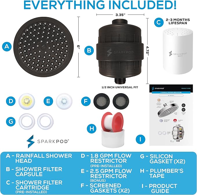 SparkPod 23-Stage Filtered Shower Head, 6" Round, Oil-Rubbed Bronze | Filtered Shower Head for Hard Water Filter, High Pressure, Reduces Chlorine, Heavy Metals, For Dry Skin & Hair