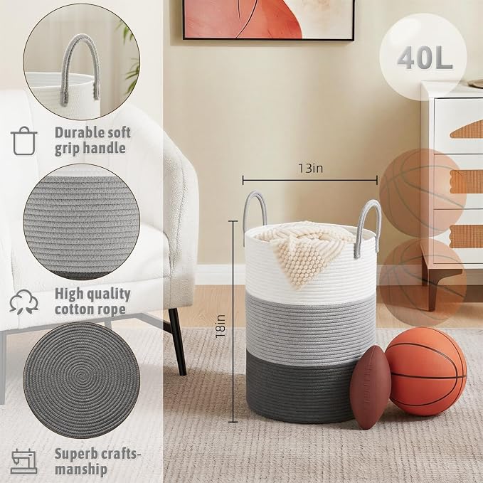 Artfeel Laundry Basket,Woven Cotton Rope Laundry Hamper,40L for Decorative Storage of Dirty Clothes,Toys and Blankets in Bathroom,Bedroom and Living Room