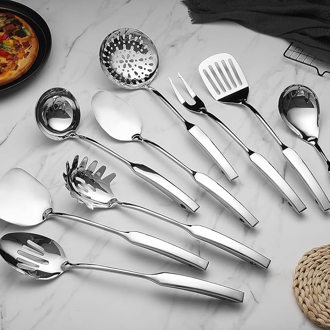 9PCS Silverware Set for 304 Stainless Steel Kitchen Utensils Set Cooking Utensil Set, 15 Inches All Metal Cooking Tools Wok Kitchen Cookware Set with Spatula Useful Pots and Pans Accessories