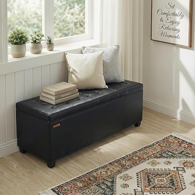 Synthetic leather Storage ottoman bench with legs,43.5”W x 15.7”D x 15.7”H,metal frame end of bed bench hold up to 770 LB,Large Storage Chest hold up to 770 LB,Black UASND622B