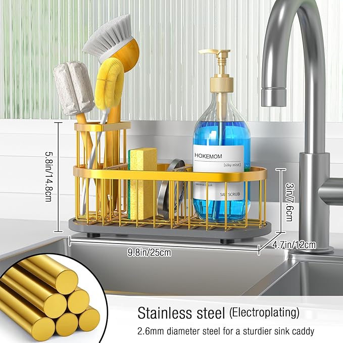 HOKEMOM Gold Sponge Holder for Kitchen Sink,Sink caddy organizer - 2.6mm Thick 304 Stainless Steel Caddy with Rust-Proof Coating, Non-Slip No-Drain Base. Dimensions: 9.84" x 4.72" x 5.83"