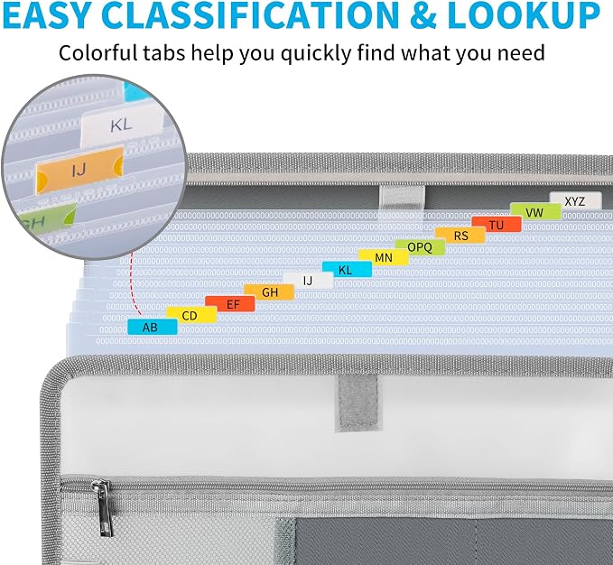 Andyer Accordion File Organizer with Lock, Fireproof Expanding File Folder with Tabs, 13 Pockets Important Document Organizer with Handle, Portable Paperwork Business Organizer, Letter/A4-Size (Gray)