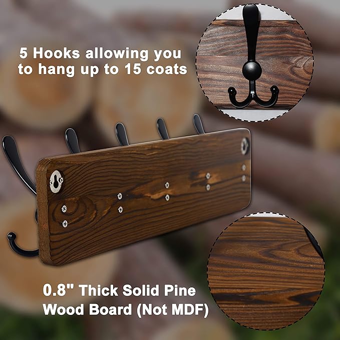 Dseap Coat Rack Wall Mounted - 24" Long 6 Tri Hooks, Heavy Duty Wooden Wall Coat Hanger Coat Hook for Clothes Hat Jacket Clothing, Natural and Black
