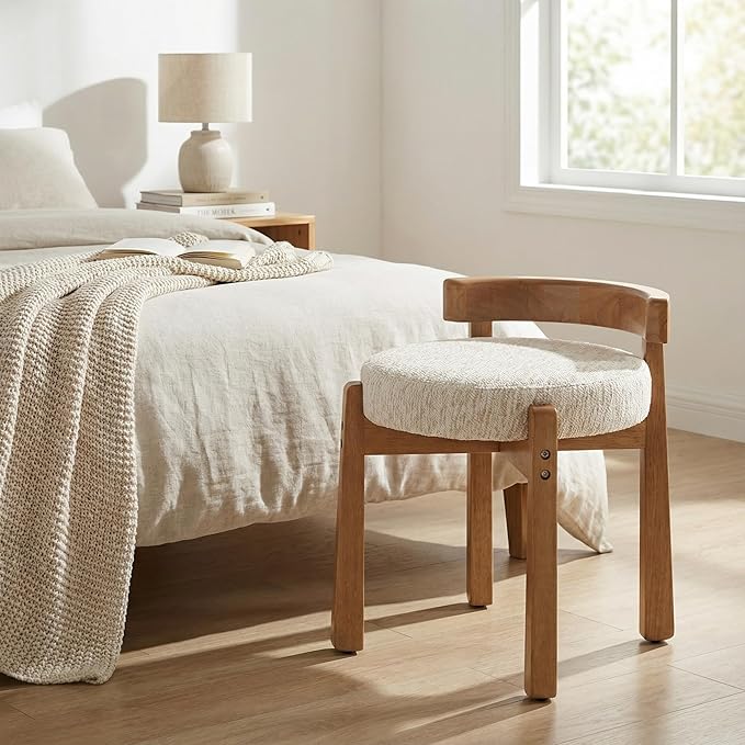 HNY Modern Chenille Vanity Stool & Ottoman Set of 2 Upholstered Round Seat with Solid Wood Legs, for Makeup Dressing, Living Room Footrest or Piano Bench, Beige