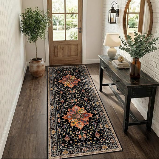 RELEANY Area Rugs Runner 2'x6' Washable Non-Slip, Floral Vintage Distress Medallion Carpet for Kitchen Hallway Bedroom Beside Laundry Room Bathroom, Black Colorful Floral Dark Tan