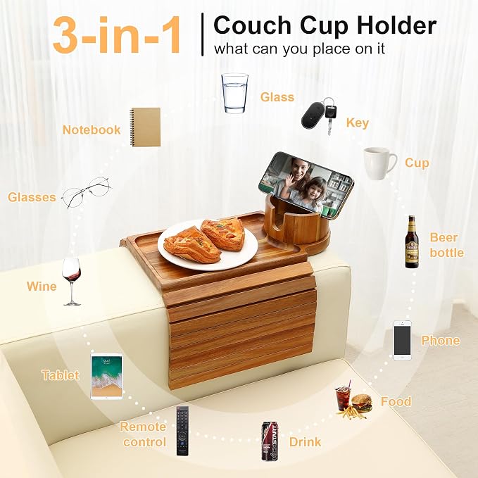 Couch Cup Holder Tray,Acacia Wood Couch Arm Table with Phone Holder, Large Foldable Sofa Arm Tray for Drink Snacks Table