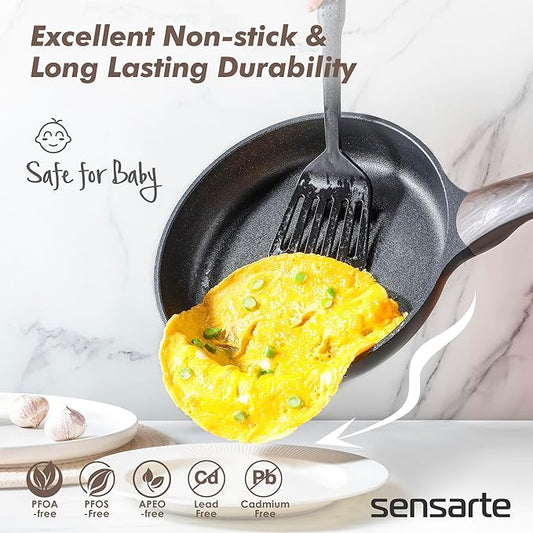 SENSARTE Pots and Pans Set Non stick, Non toxic Healthy Induction Cookware Sets, 14 Pcs Non Stick Kitchen Cooking Set with Frying Pans Set & Saucepan, PFOA PFOS Free, Black