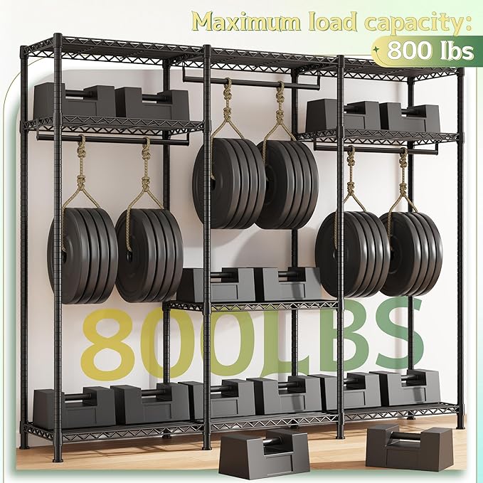 Raybee Heavy Duty Clothes Rack Load 800 LBS, Adjustable Clothing Racks for Hanging Clothes, Clothing Rack with Shelves for Bedroom,Basement 56''W x 15.7''D x 75.4''H, Black