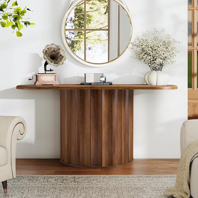 Fluted Console Table, 59'' Narrow Wooden Sofa Tables Behind Couch, Modern Entryway Table with Storage Curved Accent Table for Hallway, Living Room, Entrance, Foyer (Walnut)
