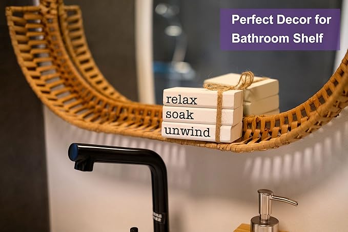 Farmhouse Mini Bookstack for Bathroom Decor Wooden Books for Restroom Shelf Decorative Accent for Guest Bathroom Sign, 2 Signs in 1 Reversible - Wash Your Hands/Relax Soak Unwind