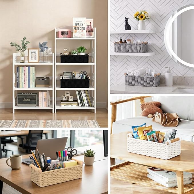Boho Cotton Rope Storage Baskets Set of 2, Woven Wicker Organizer Bins with Wooden Handles, Small Decorative Boxes for Organizing, Toilet Paper Baskets for Bathroom Countertop, Shelves (Brown 2 Pack)