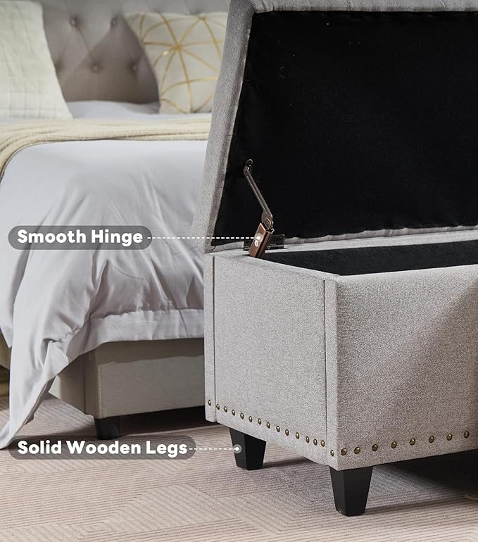 Tbfit 50.8“ Large Ottoman Storage Bench for Bedroom, Oversized Tufted Upholstered Entryway Benches End of Bed, Rectangle Dorm Foot Stool with Safety Hinge & Solid Wood Legs, Loads 660 lb, Light Gray