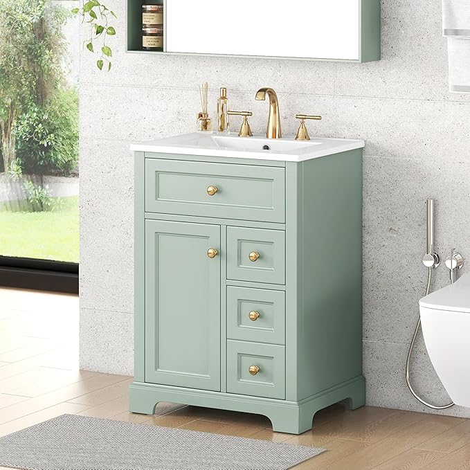 24'' Bathroom Vanity with Sink, MDF & Pinewood Construction, 3 Drawers & Cabinet with 2-Tier Door Storage Rack, Soft-Close Door & Drawers, Modern Design for Small to Medium Bathrooms, Green