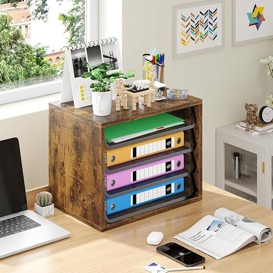 Simple Trending Desk File Organizers, 4-Tier Letter Tray Paper Organizer with File Holder, Wooden Paper Sorter for Office Supplies, Rustic Brown