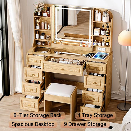 43" Makeup Vanity Desk with Mirror and Lights, & Power Outl, Glass Top Big Vanity Table with 9 Drawers& 8 Storage Shelves, Dressing Table Set with Chair for Bedroom, Wood
