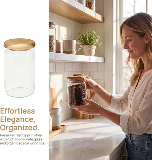 4-Pack 23 oz Glass Jars with Wooden Lids, Spice Jars | Wide mouth for scooping. Solid acacia wood lids & spoons (no plastic). Airtight seal. For coffee, oats, spices, dry goods.