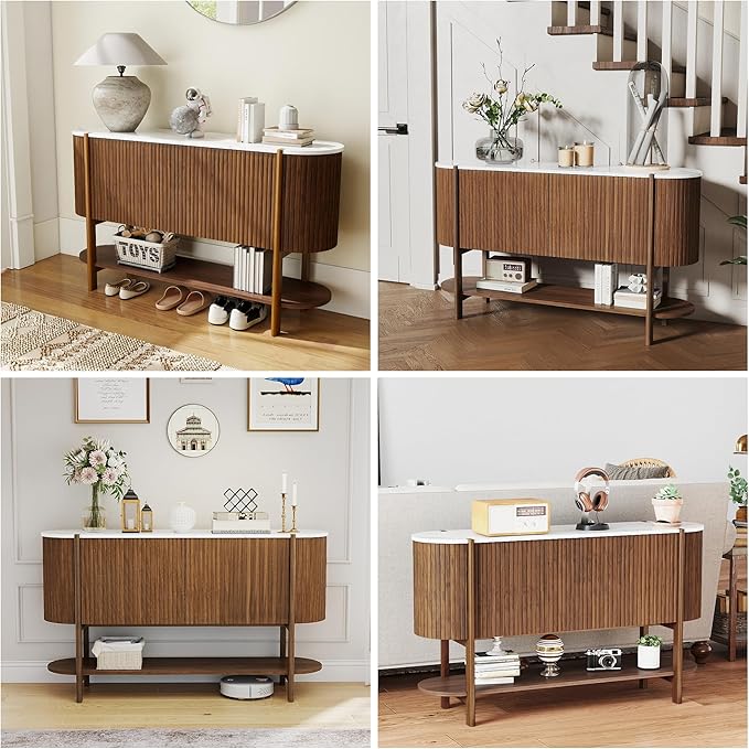 Console Table with Storage, Fluted Entryway Table with 2 Doors and Open Shelf, Long Sofa Table Behind Couch for Living Room, Hallway (Walnut)