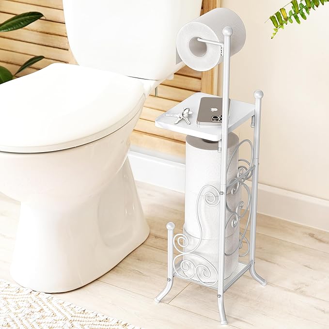 Simple Houseware English Style Bathroom Toilet Tissue Roll Holder Stand with Shelf, Marbled White