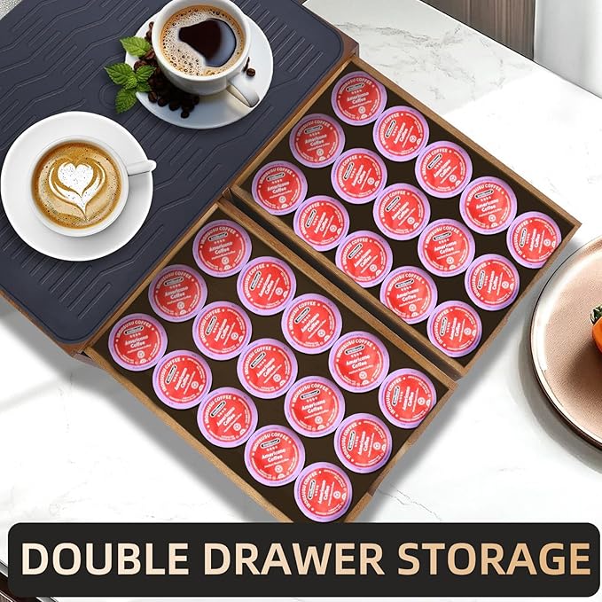 Wooden Coffee Pod Holder Drawer With Silicone Non-Slip Pad,K Cup Organizer Storage Box,Kcup Drawer and Tea Organizer Under Brewer,30 Pod Capacity,Countertop Coffee Station Organizer for Machine Stand