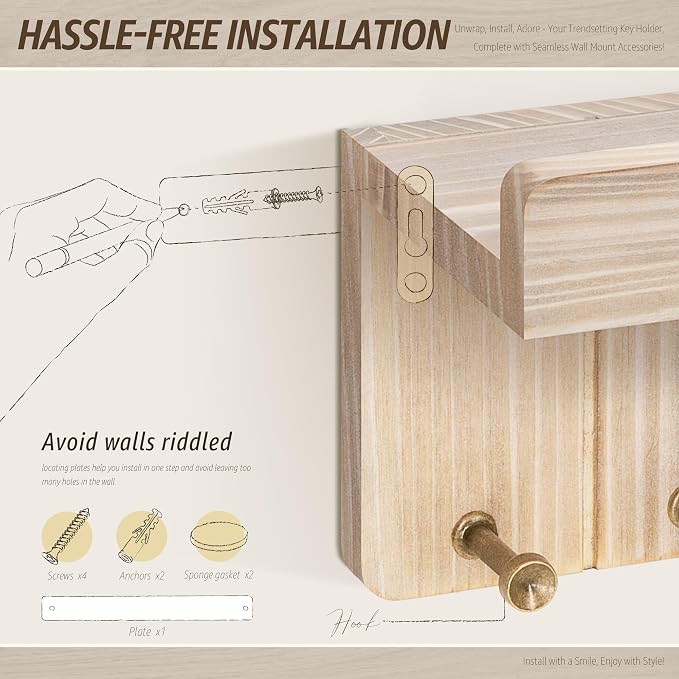 Rebee Vision Farmhouse Key Holder Wall Mount - Key and Mail Holder for Wall with Mini Floating Shelf and 4 Key Hooks - Perfect for Apartment Essentials (Natural Wood)