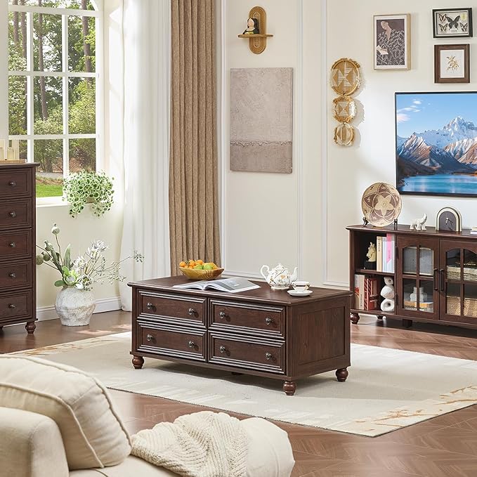 48" Farmhouse Coffee Table with Hidden Storage,Wooden Coffee Tables with 4 Drawers & Roman Column Handle,Rectangular Rustic Center Table with Solid Wood Curved Base for Living Room,Office,Walnut