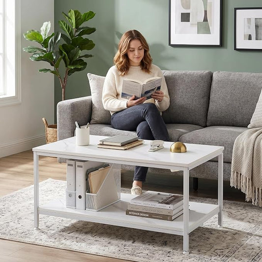 SUPER DEAL 2-Tier Industrial Coffee Table with Storage Shelf for Small Apartment Living Room, Rectangle Wood and Stable Metal TV Stand Side End Table, White Marble
