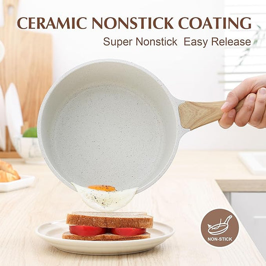 SENSARTE White Ceramic Nonstick Saucepan with Lid Set, Small Cooking Pot with Stay Cool Handle, Induction Compatible Saucepot, White Granite Coating, PFOA/PFAS Free, 1.5 + 2.5QT