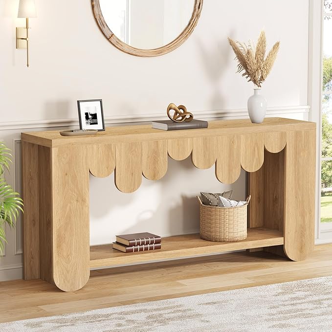 IBF 63” Long Console Table, Farmhouse Wood Entryway Table with Storage Shelf, 2-Tier Sofa Table Behind Couch for Home Living Room, Modern Rectangular Entry Table for Hallway Entrance Foyer, Oak