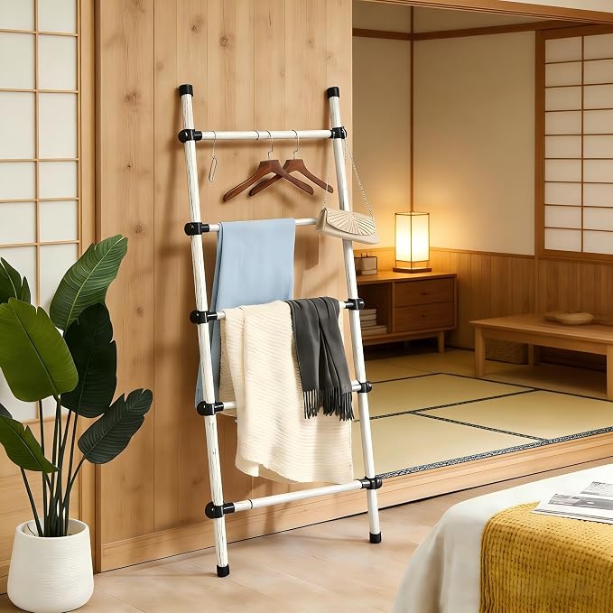 SIBRAD Expandable Blanket Ladder for Living Room, Adjustable Width (17.3"-32.3") Tall Metal Quilt Rack Wall Leaning, Rustic White Wood Grain 5-Tier Blanket Holder, Heavy Duty 45 Lbs Capacity