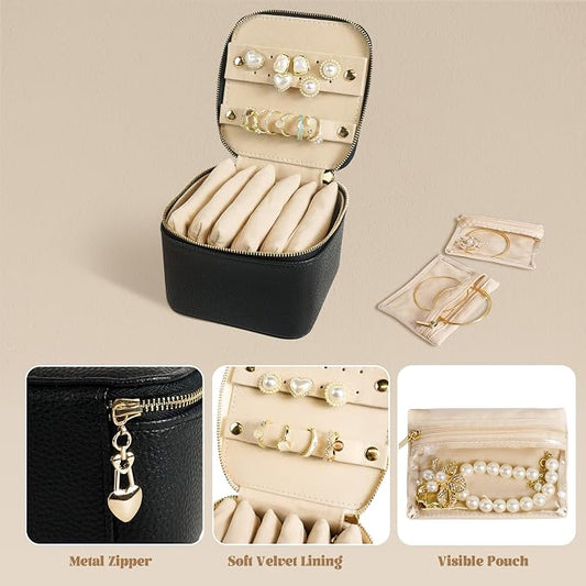 Travel Jewelry Case, Small Travel Jewelry Box with 6 Velvet Jewelry Bag Mini Pouch, Portable Travel Jewelry Organizer for Rings Earrings Necklaces, Beauty Gifts for Women Girls (Black)