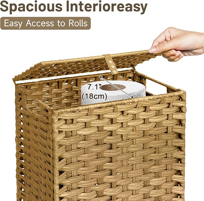 Toilet Paper Storage Basket with Lid and Wheels, Rattan Toilet Paper Holder Storage, Toilet Paper Organizer for Bathroom, Bedroom, Kitchen, 12.6”L x 7.1”W x 17.14”H, Naturall