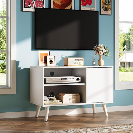 WLIVE TV Stand for 40 Inch TVs, Small Entertainment Center with Storage Cabinet, Mid-Century Modern TV Stands for Living Room and Bedroom, 32" TV Console, White