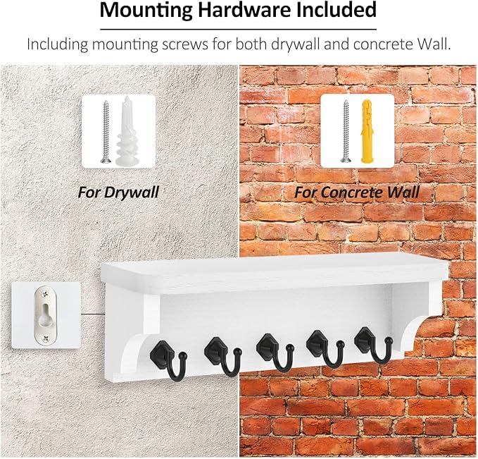Nekon Key Holder for Wall, 11.8" W x 3.5" H x 2.8" D Decorative Key Organizer with Floating Shelf, Wall Mount Key Rack with 5 Hooks (Rustic White)