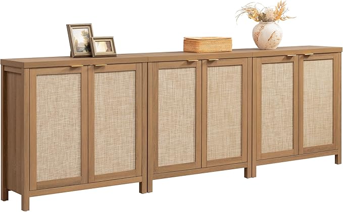 SICOTAS Sideboard Buffet Coffee Bar Cabinet - 3 Pieces Farmhouse Boho Rattan Credenza Storage Cabinet with Large Storage for Kitchen, Living Room, Entryway, Oak