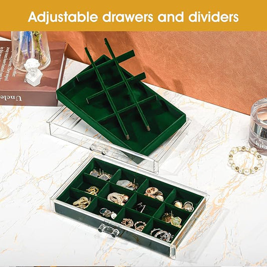 ProCase Earring Holder Organizer Jewelry Box with 3 Drawers, Acrylic Clear Earring Case with Adjustable Velvet Trays for Women - Emerald, 3 Layers