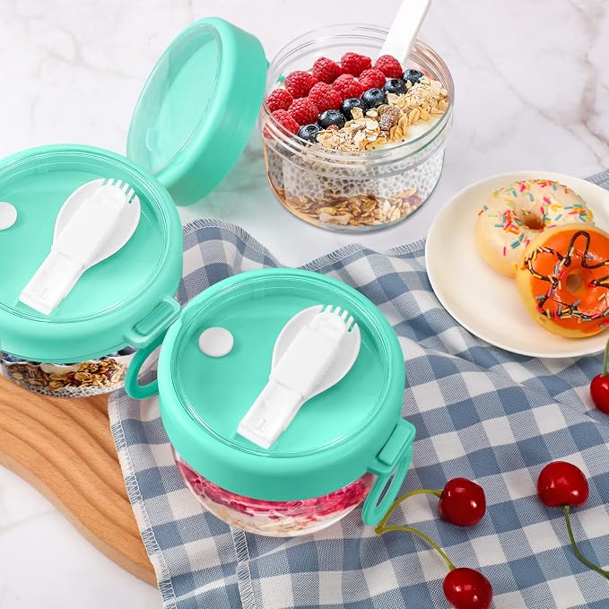 Gerrii 4 Pcs Overnight Oats Container with Lids and Spoons, 20 oz Plastic Overnight Oats Jars Large Capacity Airtight Yogurt Container for Milk, Fruit, Cereal and Salad Storage (Cyan)