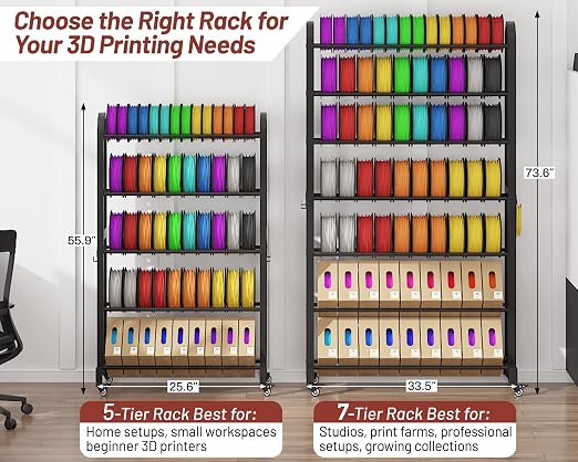 7-Tier 3D Printer Filament Storage Rack with Wheels, Heavy Duty Adjustable Metal Shelf Holds 80 Spools, Tall Mobile Filament Organizer with Hooks for 3D Printing Business & Workshop