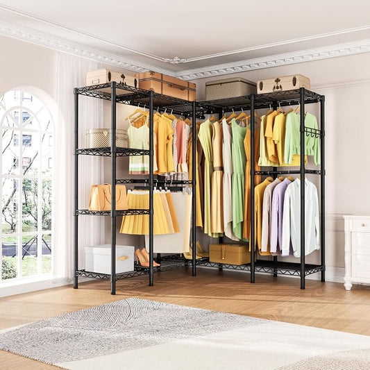 Golpart Heavy Duty Garment Rack Clothes Rack,Large Metal Closet Organizer System Storage Wardrobe,Freestanding Clothing Rack with Adjustable Wire Shelves& Hang Rods,MaxLoad 1100lbs