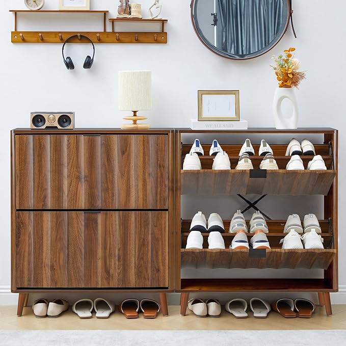 31.5” Fluted Shoe Cabinet Storage with 2 Flip Drawers,Narrow Freestanding Shoe Storage Organizer,Slim Shoe Rack Cabinet for Entryway,Hallway (Walnut)