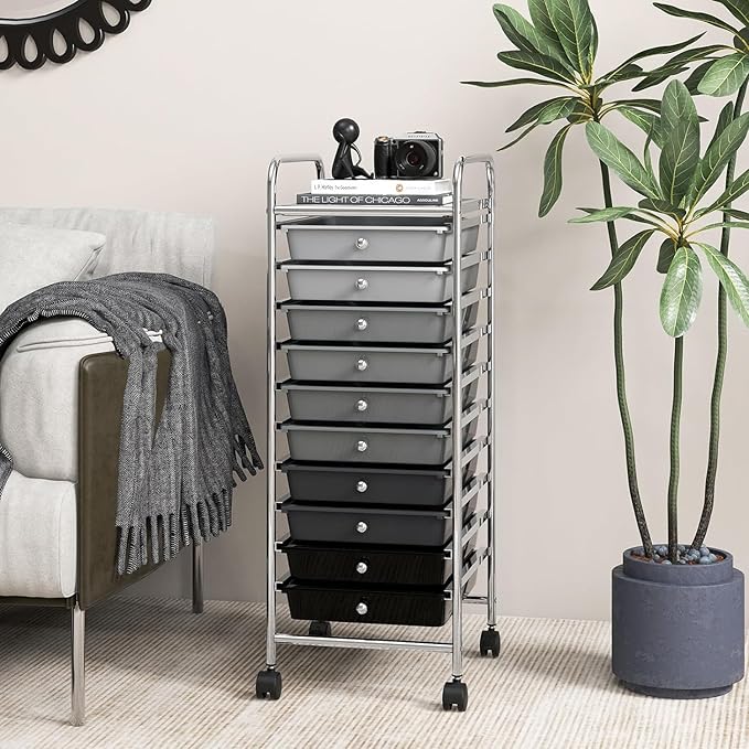 OFFICEJOY Storage Cart, Rolling Utility Cart with 10 Drawers, Portable Handles & Lockable Wheels, Mobile Paper Toys Storage Organizer Large Capacity for Home Office School Teacher (Gradient Black)
