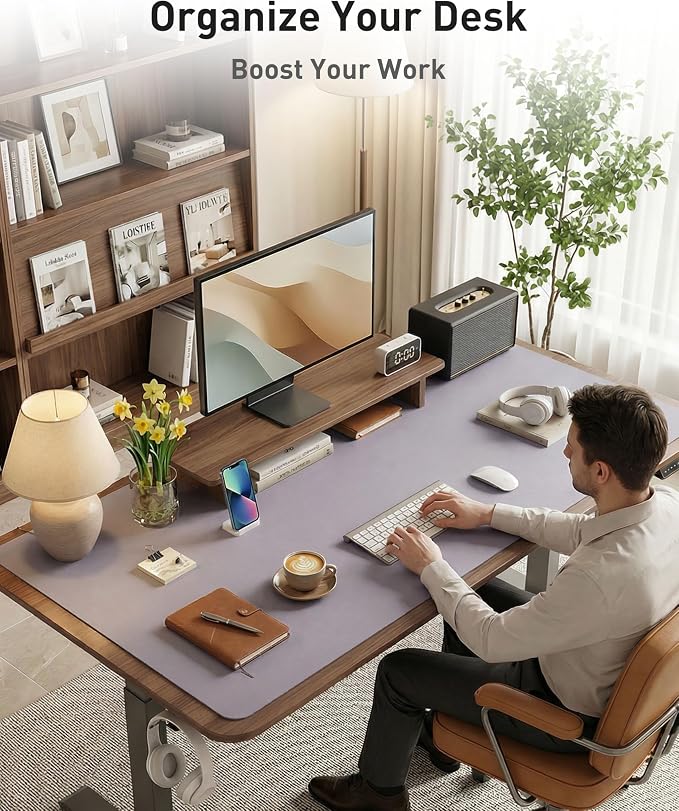 Aothia Faux Leather Desk Mat - Large Mouse Pad, Non-Slip PU Leather Blotter, Waterproof Writing Surface for Office and Home (Lavender, 63" x 17")