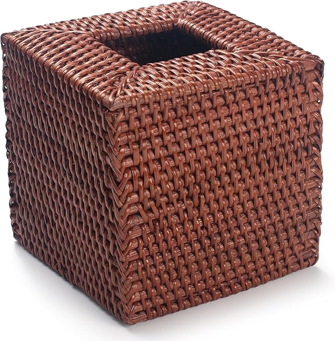 2 Pack Square Rattan Tissue Box Cover, Hand Woven Wicker Tissue Holder, 5.5 x 5.5 X 5.7 inches, Brown