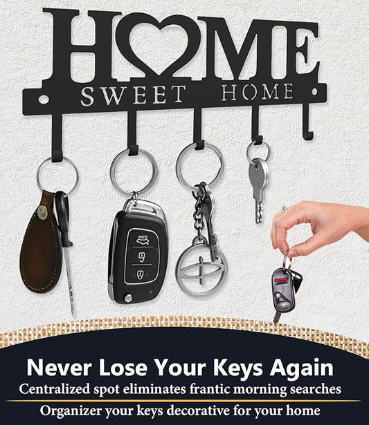 Key Holder Hooks Organizer Hanger Rack Wall Mounted Sweet Home Metal Decor Stylish and Practical for Entryway Front Door Kitchen Hallway Garage Mudroom Office 9.8inches/25cm Hardward Included Black