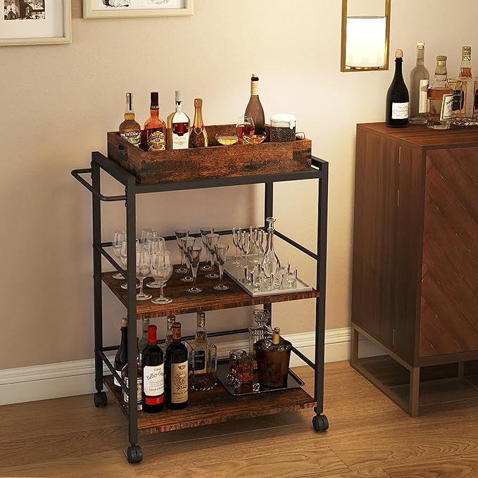 3 Tier Kitchen Cart, Rolling Bar Cart for Tea, Coffee, Liquor, and Drink Service with Removable Serving Detachable Server, Rustic Brown and Black